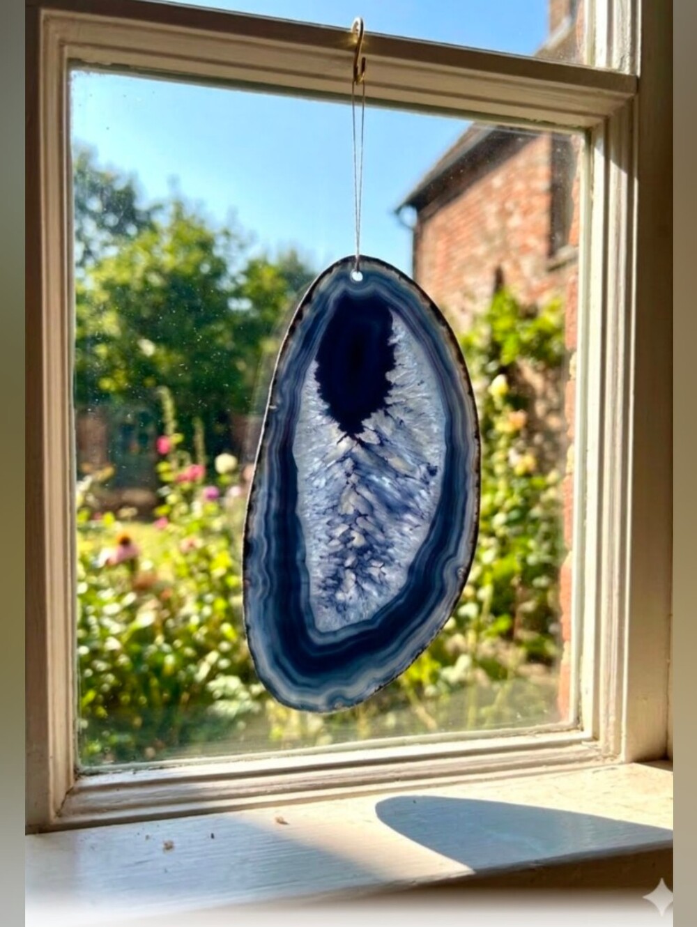 Agate Slice Thin Suncatcher Ornament Blue Black EUC (Stand Not Included)
